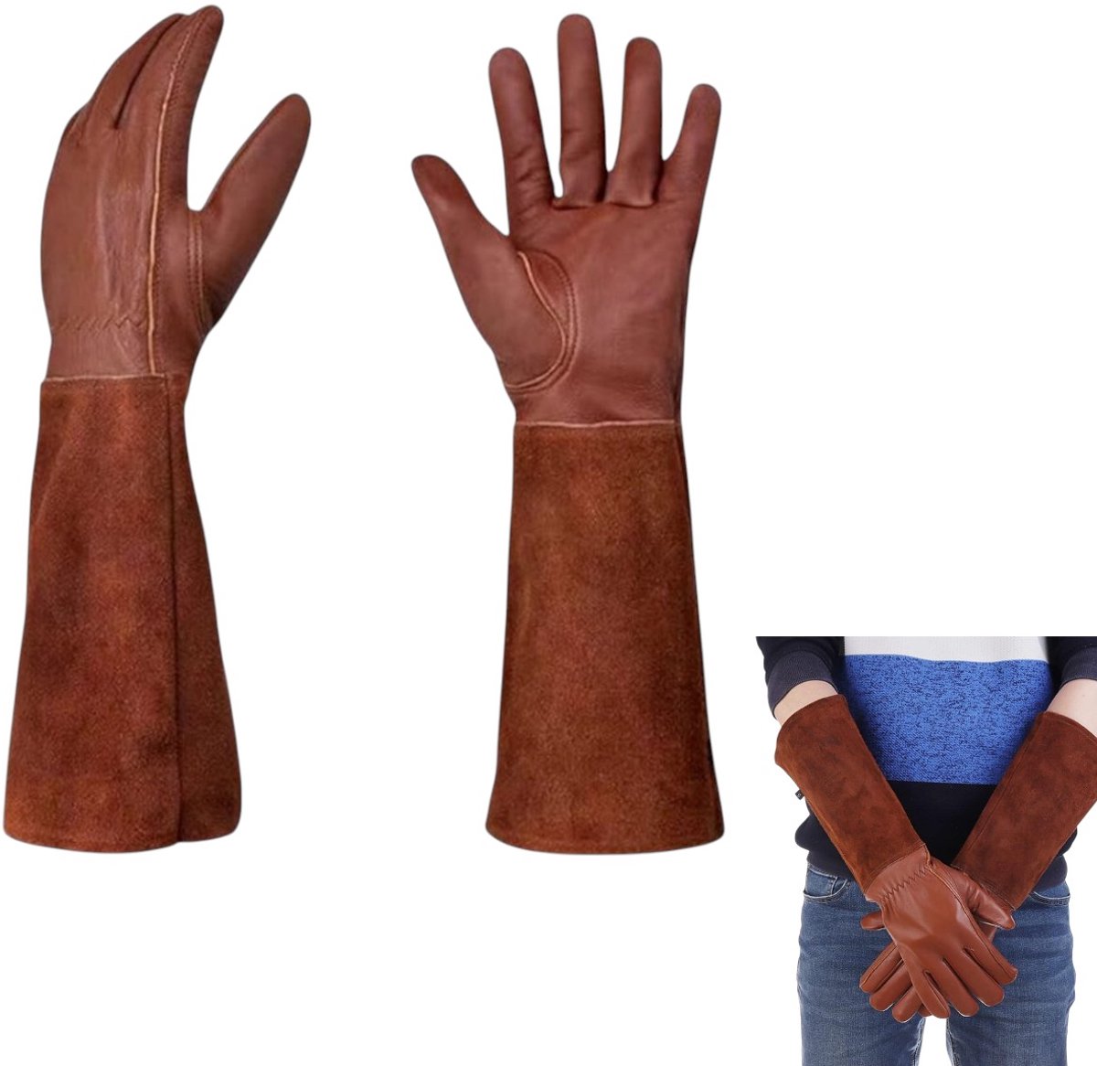 1 pair - garden gloves for ladies/gentlemen - thorn-resistant cowhide leather - rose/blackberry pruning - long forearm protection, thorn- and cut-resistant garden gloves with long, heavy leather glove - Image 1