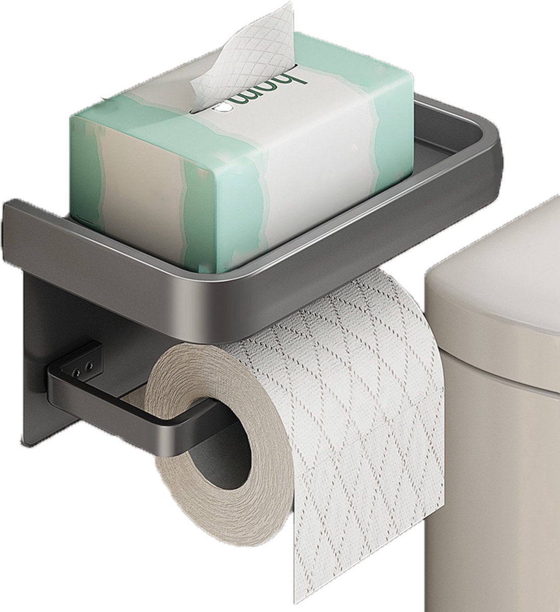 Toilet Roll Holder - With Shelf - Stainless Steel - High Load Capacity - Portable - Water Resistant - Self-Adhesive / Drilling Required - Toilet Roll Holder - Toilet Paper Holder - Tray - Grey - Incl. Screws - Easy to Install - Image 1