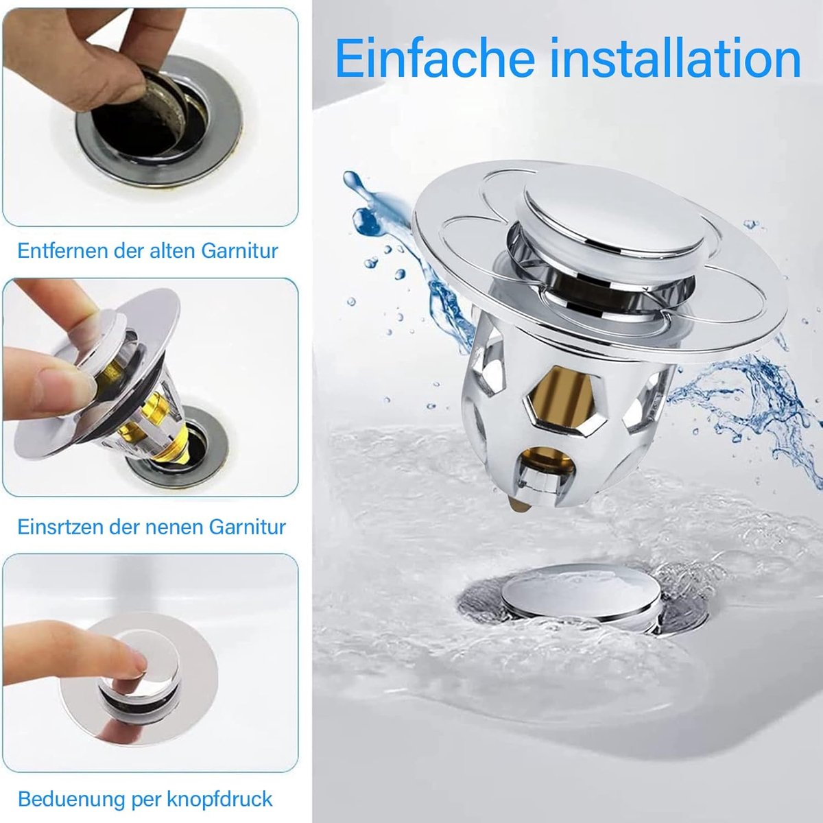 Universal Sink Stopper - Pop-Up Washbasin Stopper - Washbasin Drain Plug - Drain Stopper - Drain Strainer - Hair Catcher - Washbasin - Drain Plugs - Washbasins - Bathroom / Kitchen - Anti-Hair - Chrome - For 34-40 mm - Image 3