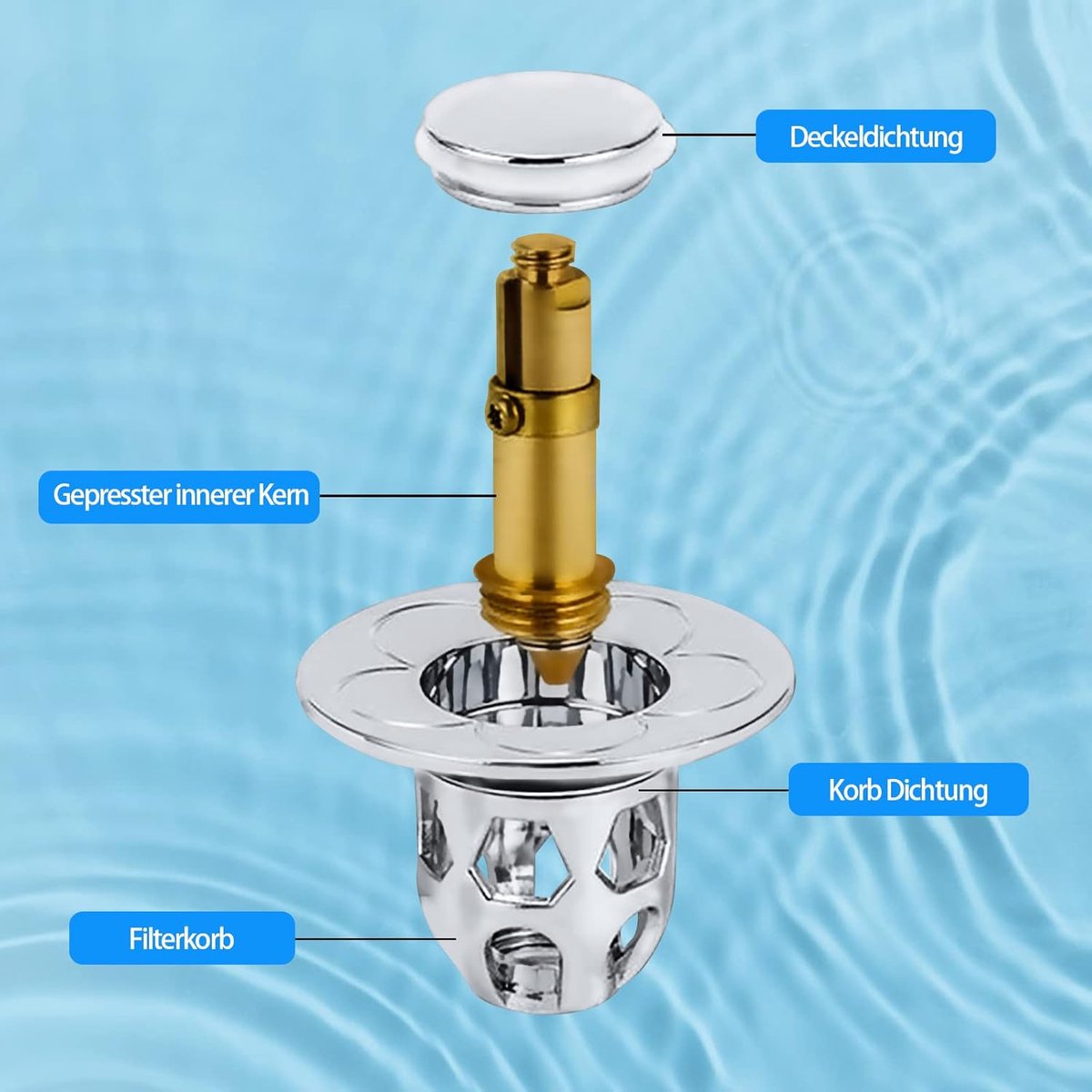 Universal Sink Stopper - Pop-Up Washbasin Stopper - Washbasin Drain Plug - Drain Stopper - Drain Strainer - Hair Catcher - Washbasin - Drain Plugs - Washbasins - Bathroom / Kitchen - Anti-Hair - Chrome - For 34-40 mm - Image 4