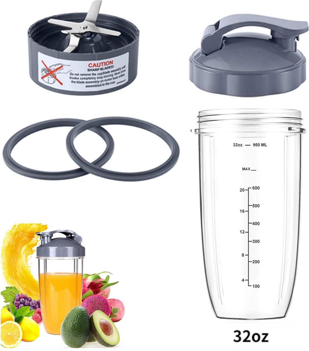 5 Pieces - Suitable for Nutribullet Blender Cup and Blade Replacement Set - Includes Large 32 Oz Cup - 1 Flip-Up Carrying Lid - 1 Premium Extractor Blade - 2 Rubber Seals - Compatible with Nutribullet 600w/900w Blenders - Image 1