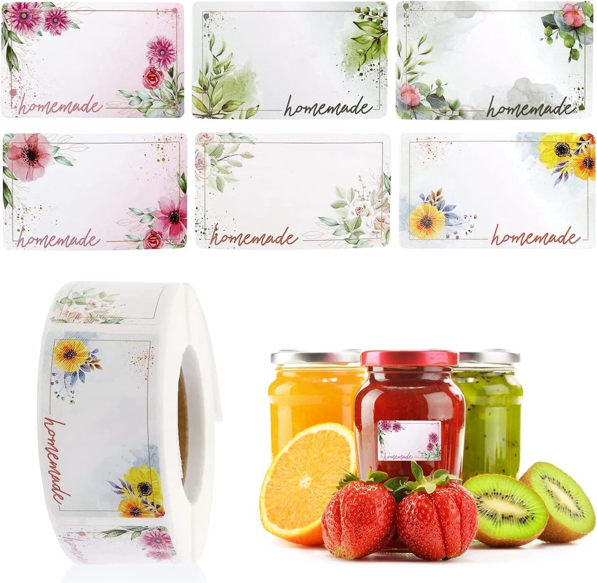 500 Pieces Jam Labels - Self-Adhesive Label - Flower Rectangular Jar Sticker Labels - For Freezer and Refrigerator - Labels - For Containers - Shelf Life Stickers - Shelf Life Labels - Freezer Containers - Refrigerator - Freezer - Writable - Image 1