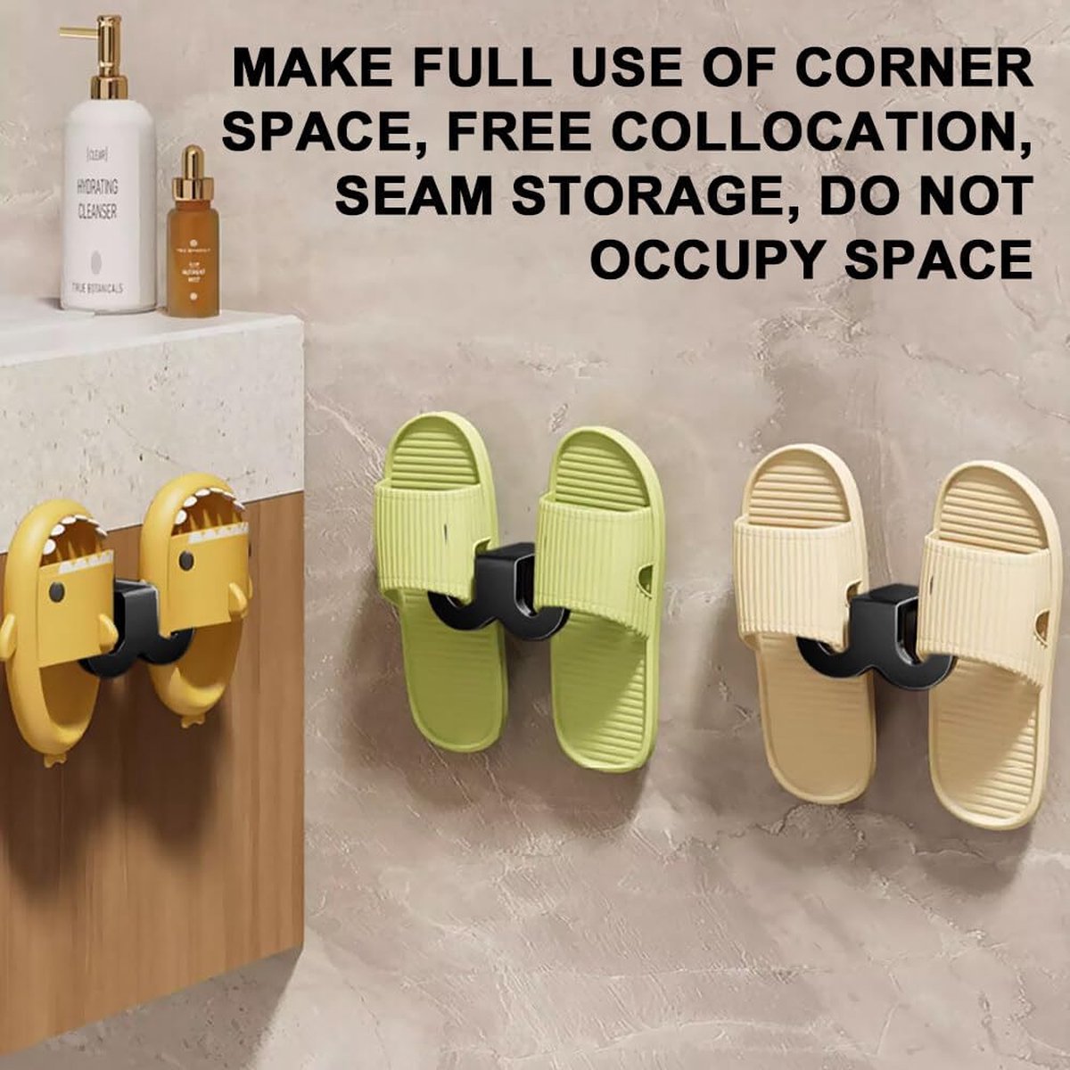 Shoe Storage - 3 Pieces - Shoe Stacker - Shoe Holder - Hanging Shoe Rack - Slipper Storage - Shoe Rack - Hooks - Space-Saving - Wall Mounting - No Drilling Required - Universal - Self-Adhesive - For Bathroom/Bedroom/Living Room - Black - Image 2