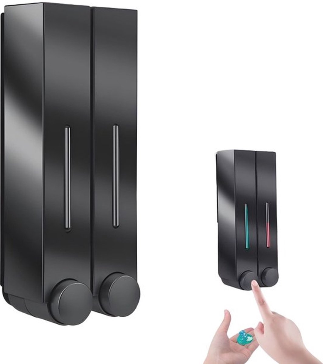 Shampoo Dispenser - Soap Dispenser - Soap Dispenser - ABS - Liquid Level Indicator - 2 Leak-Proof Reservoirs - 2x420ml - Push-Type - No Drilling Required - Soap Pump - Soap Pump - Hanging - Wall Mounting - Shower/Kitchen - Bathroom Accessory - Black - Dur - Image 1