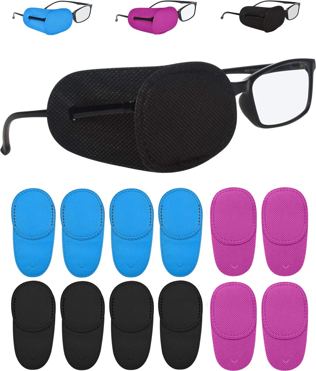 Eye Patch - 12 Pieces - Eye Patch - Eye Treatment - Reusable - For Lazy Eye Or After Surgery - Laser Eye Surgery - Lazy Eye - Amblyopia - Strabismus - Improve Vision - Eyepatch - Eye Covering - Children And Adults - 122 X 57mm - Black/ Blue/ Purple - Image 1