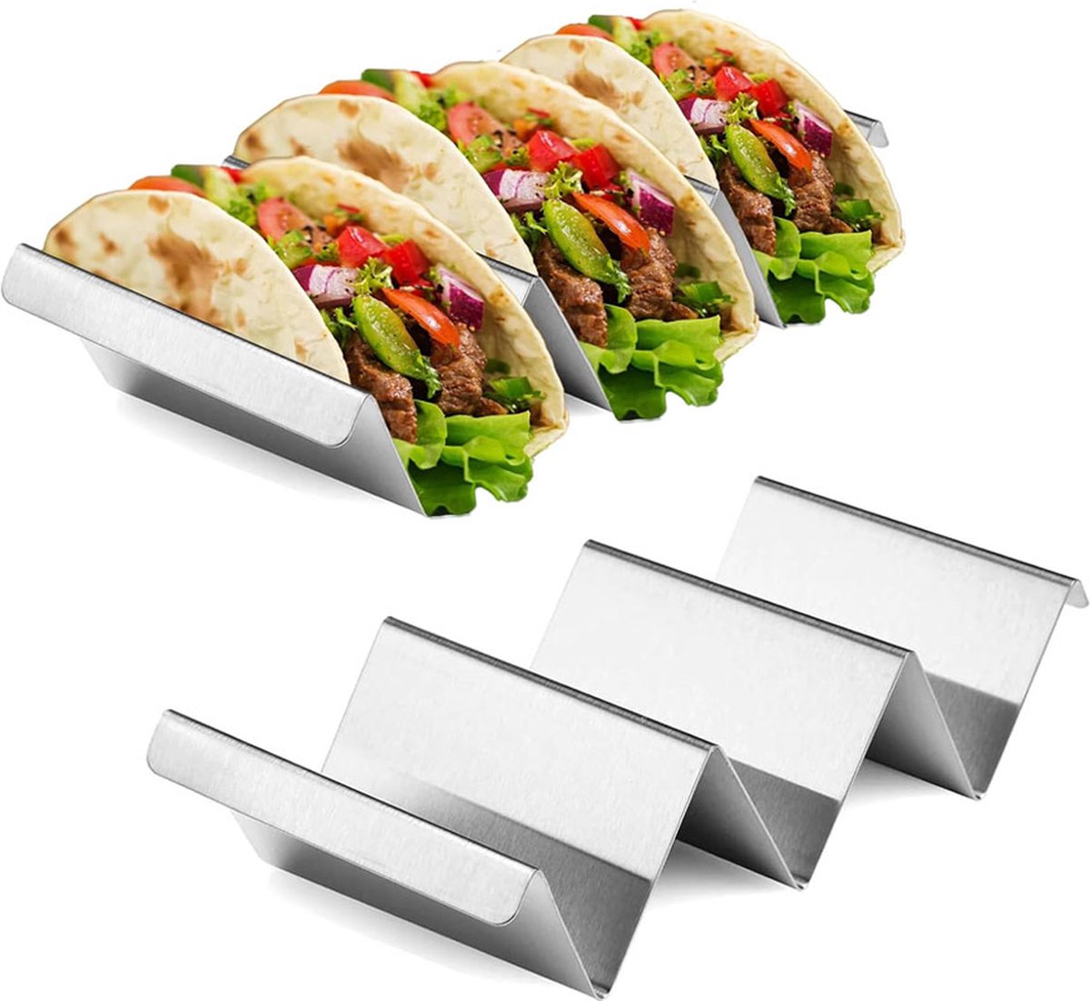 Taco Holder with 3 Compartments - Set of 2 - Stainless Steel - Taco Holder - Tortilla Holder - Tortilla Stand - Taco Rack - Taco and Tortilla Rack - Oven Safe - For 6 Tacos - Serving Dishes - Cooking & Dining - Cookware - Image 1