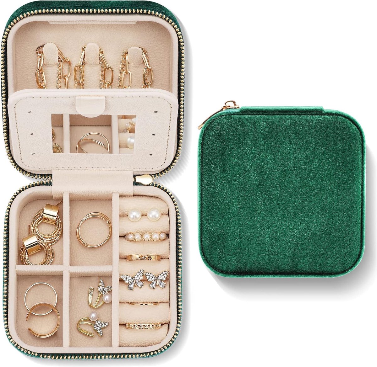 Mini Jewelry Box - Luxury Jewelry Box - With Mirror - Jewelry Box - Flannel - Jewelry Holder - Jewelry Storage Box - Bijouterie Box - Zipper - Travel - Traveling - Women/Girls - Green - Gift For Her - Soft Protection - Image 1