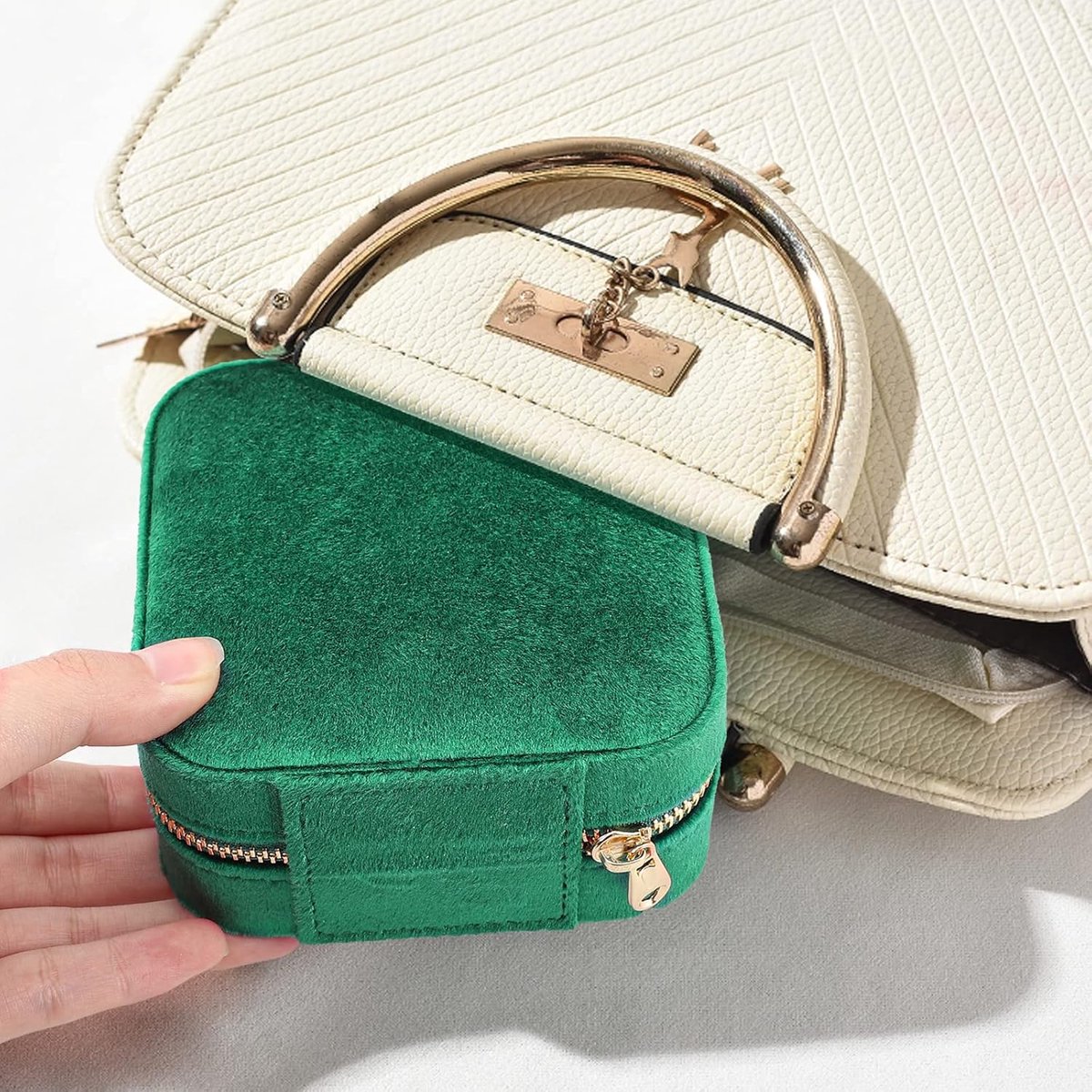 Mini Jewelry Box - Luxury Jewelry Box - With Mirror - Jewelry Box - Flannel - Jewelry Holder - Jewelry Storage Box - Bijouterie Box - Zipper - Travel - Traveling - Women/Girls - Green - Gift For Her - Soft Protection - Image 3
