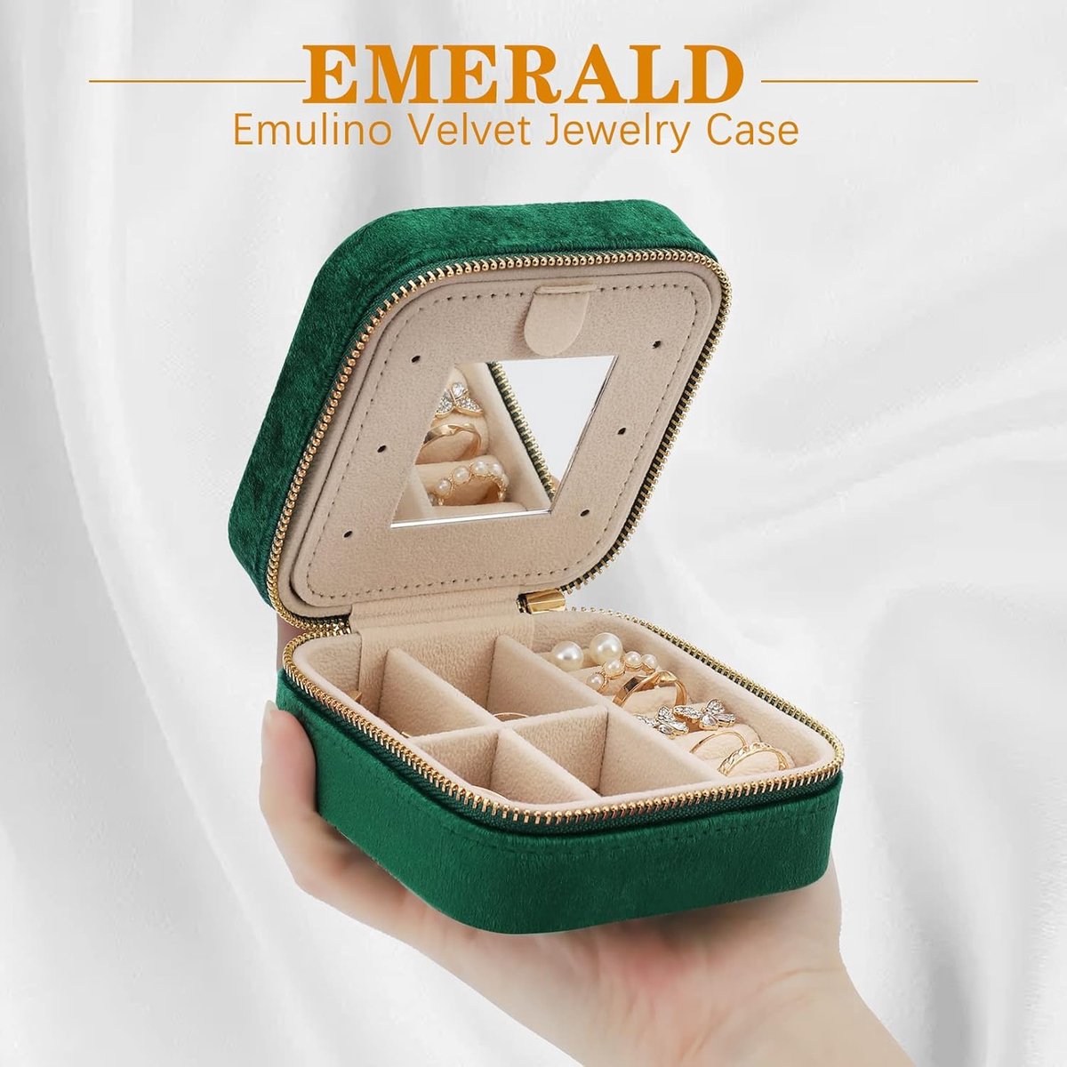Mini Jewelry Box - Luxury Jewelry Box - With Mirror - Jewelry Box - Flannel - Jewelry Holder - Jewelry Storage Box - Bijouterie Box - Zipper - Travel - Traveling - Women/Girls - Green - Gift For Her - Soft Protection - Image 5