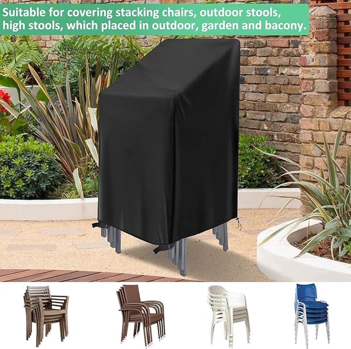 2-Piece Garden Chair Cover - Garden Chair Protective Cover - Durable - Waterproof - With Buckle and Drawstring - Dustproof - Anti-UV - Protect - Fixed - Stackable Chair Storage Cover - Chair Cover - Handles on Both Sides - 64*64*120 cm - Black - Image 4
