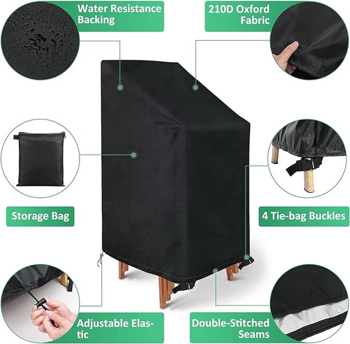 2-Piece Garden Chair Cover - Garden Chair Protective Cover - Durable - Waterproof - With Buckle and Drawstring - Dustproof - Anti-UV - Protect - Fixed - Stackable Chair Storage Cover - Chair Cover - Handles on Both Sides - 64*64*120 cm - Black - Image 5