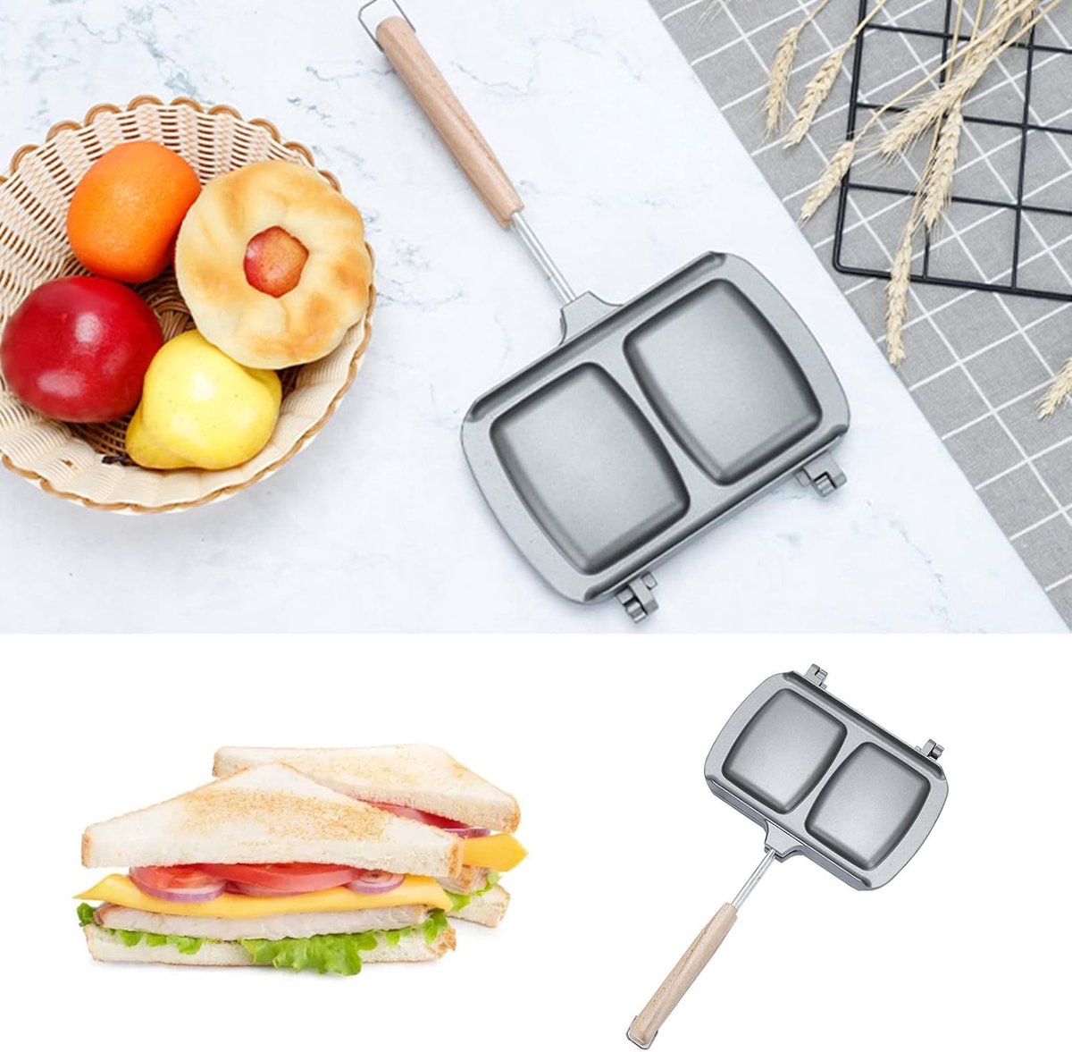 Reversible Sandwich Maker - Double-Sided Frying Pan - Contact Grill - Non-Stick Gas Toaster - Sandwich Plate - With Handle - Omelet Sandwich Maker - Grey - Image 2
