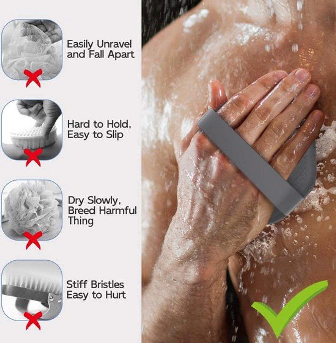 Silicone Bath Brush - 2 Pieces - Dry Brush Skin Brush - Back Scrubber - Body Scrubbers - Body Brush - Back Brush Shower - Shower Brush - Silicone Brush - Massage - Bath & Shower Accessories - Easy Lathering - Ergonomic Handle - Grey - Image 2