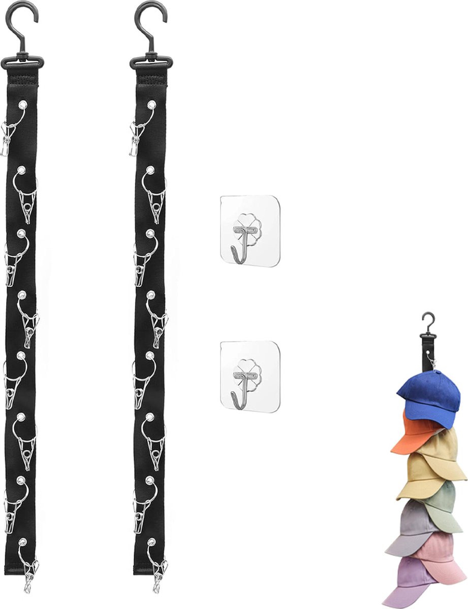 Hat Rack - 2 Pieces - Cap Rack - Cap Organizer - Wall Hat Hook - Hat Holder - Simple Hat Rack - Clothes Hanger - Cap Organizer - Cap Holder - Hanging Baseball Cap - Wall Mount with Hooks - 360 Degree Rotatable - 8 Hat Storage Clips - Image 1
