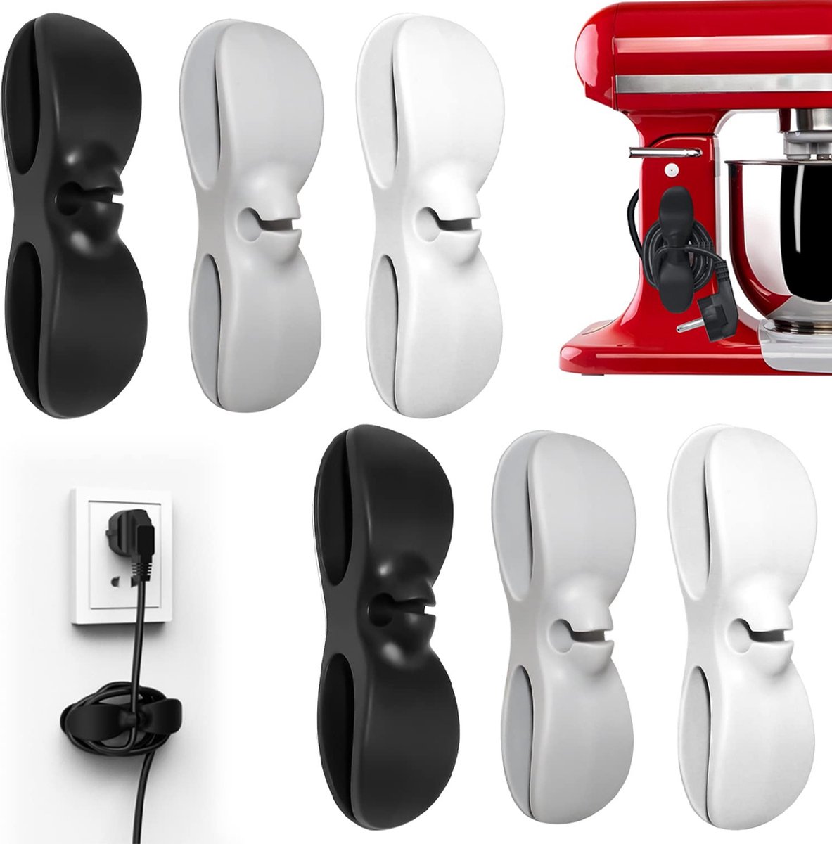 Cable Organizer - 6 Pieces - Cable Organizer - Cable Reels - Winder Cord Clip - Cable Wire Clips - Cord Holder - Cable Holders - Kitchen Organizers - Cable Reel Devices - Cable Holder - Gadget Accessories - Self-Adhesive - Black/Gray/White - Image 1