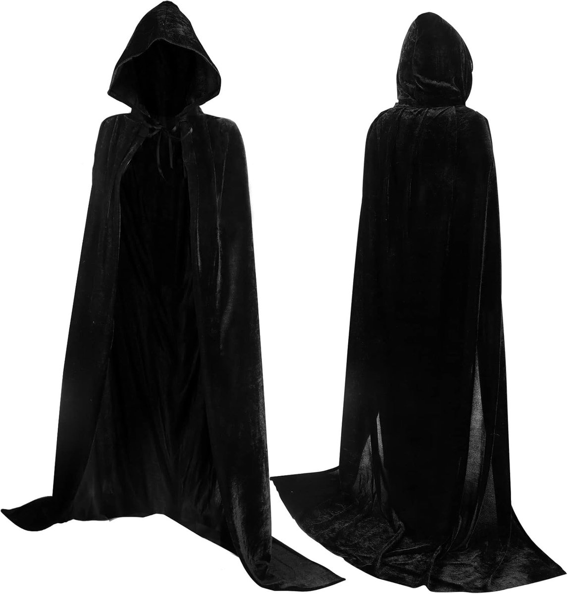 Luxury Black Hooded Coat - 170cm / XXL - Carnival Halloween Costume - Black Velour Coat - Hat - Adults - Dress Up - Costume Cape - Gothic - Fantasy - Halloween Suit - Carnival Clothing - Women and Men - Image 1