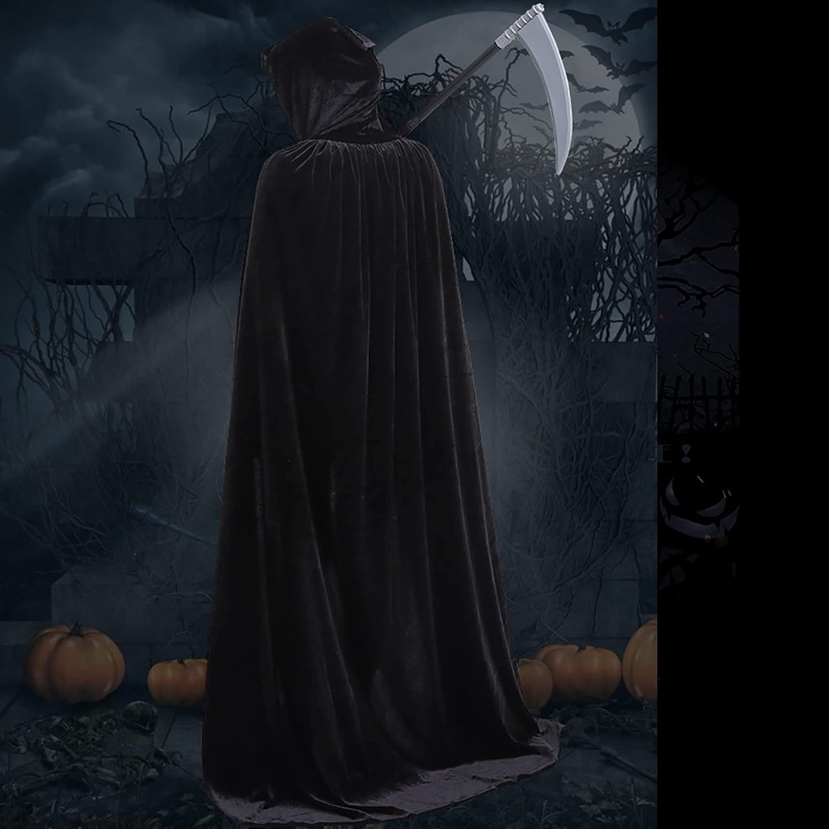 Luxury Black Hooded Coat - 170cm / XXL - Carnival Halloween Costume - Black Velour Coat - Hat - Adults - Dress Up - Costume Cape - Gothic - Fantasy - Halloween Suit - Carnival Clothing - Women and Men - Image 2