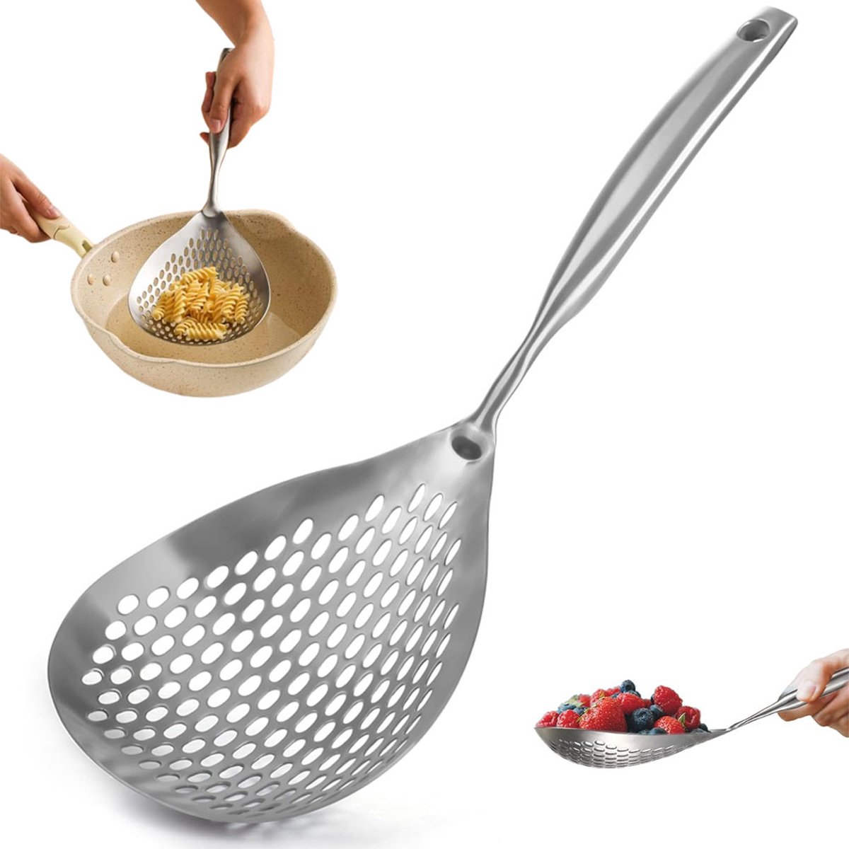 Skimmer - Stainless Steel - Deep-frying Spoon - Deep-frying Scoop - Food Sieve - Skimmer Spoon - Colander Spoon - Non-Stick - Hanging Handle - Dishwasher Safe - Draining Potatoes/Vegetables/Pasta - Sieve - Colander - Cooking Supplies - Kitchen Tools - Image 1