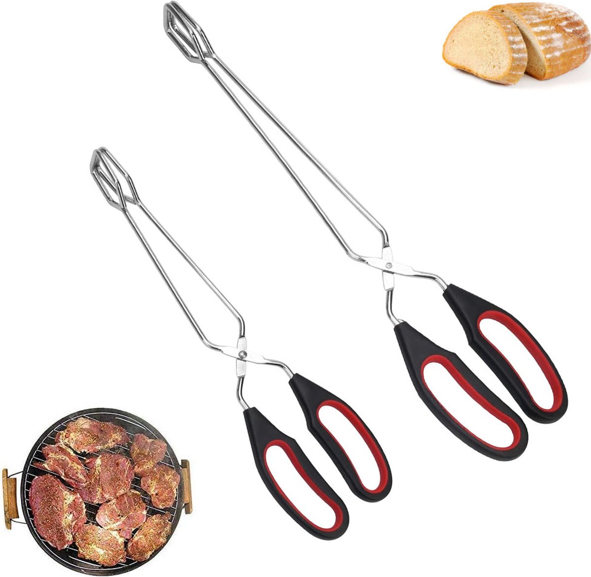 BBQ Tongs - Set of 2 - Barbecue Tongs - Meat Tongs - Grill Tongs - Kitchen Tongs - Meat Tweezers - Serving Tongs - Kitchen Tweezers - Scissor Tongs - Bread Tongs - Charcoal Tongs - Barbecue Accessory - Kitchen Utensils - Comfortable Grip - Durable - Dishw - Image 1