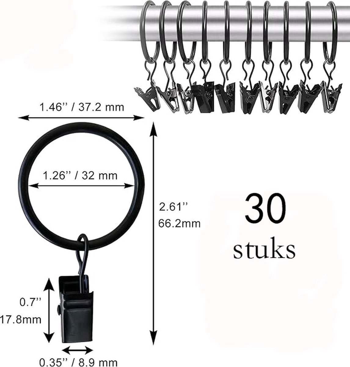 30 Pieces Curtain Rings with Clips - Curtain Rings - Thicker - 32mm - Stainless Steel - Shower Curtain Rings - Curtain Hooks - Curtain - Shower Curtain - Hooks - High Quality - Black - Value Pack - Image 2