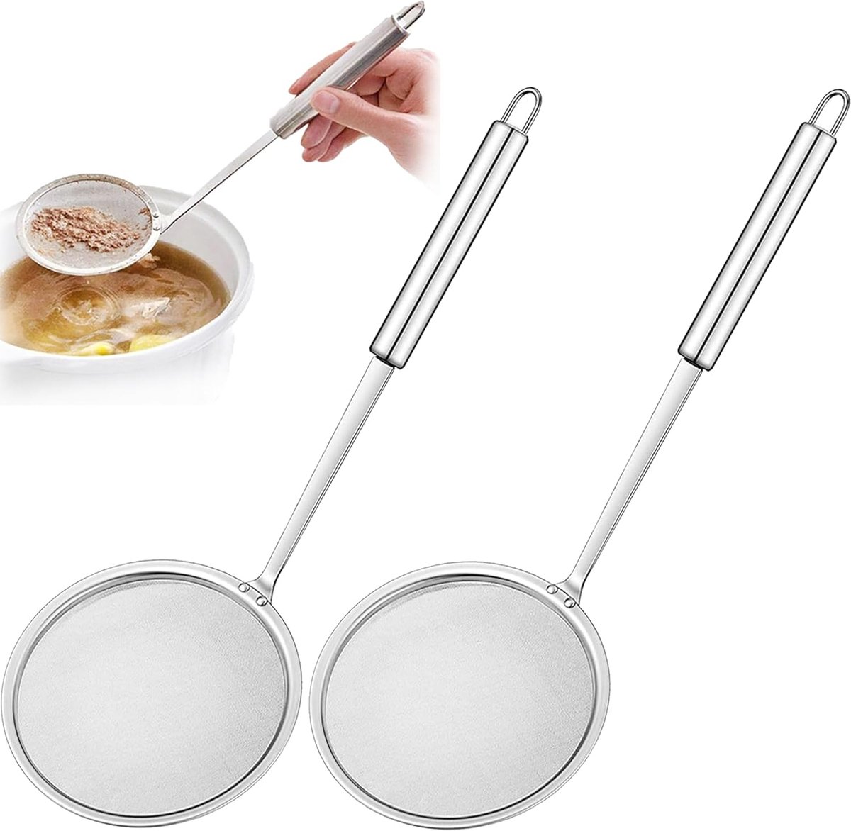 Skimmer - 2 Pieces - Deep-frying Spoon - Deep-frying Scoop - Food Sieve - Skimmer Spoon - Colander Spoon - Draining Potatoes/Vegetables/Pasta - Cooking Supplies - Kitchen Tools - Skimmer Spoon - Sieve - Colander - Hanging - With Handle - ø10 cm - Stainles - Image 1