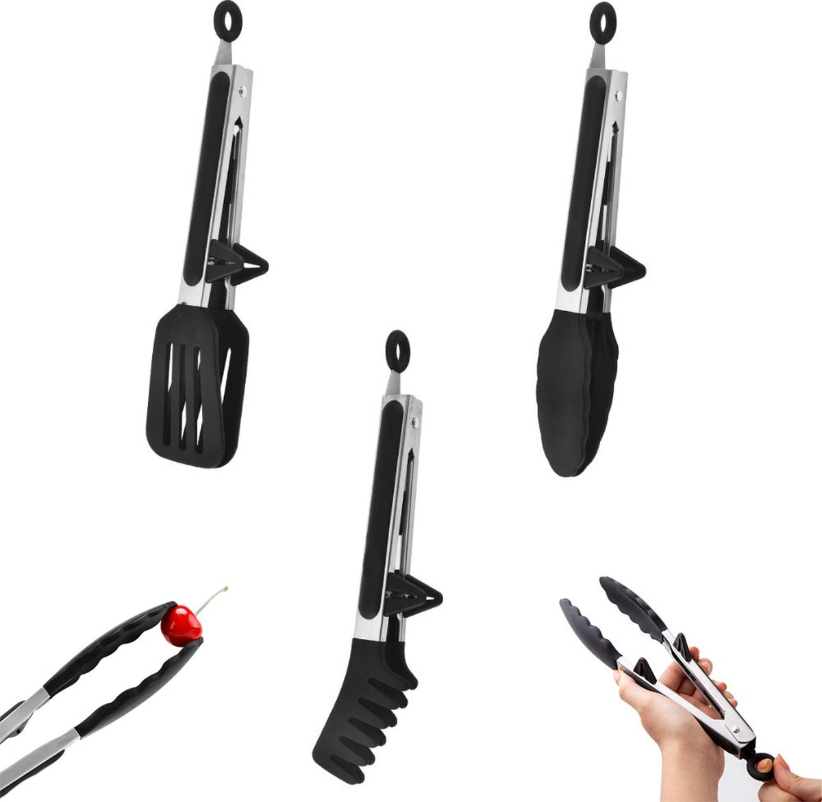 Meat Tongs - Set of 3 - Kitchen Tongs - Spaghetti Tongs - Pasta Tongs - Serving Tongs - Cooking Tongs - With Support Feet and Hanging Holes - Salad Tongs - Asparagus Tongs - BBQ Tongs - BBQ Accessories - Stainless Steel and Silicone - Kitchen Utensils - F - Image 1