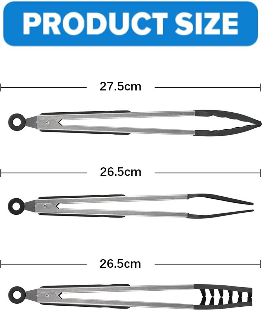 Meat Tongs - Set of 3 - Kitchen Tongs - Spaghetti Tongs - Pasta Tongs - Serving Tongs - Cooking Tongs - With Support Feet and Hanging Holes - Salad Tongs - Asparagus Tongs - BBQ Tongs - BBQ Accessories - Stainless Steel and Silicone - Kitchen Utensils - F - Image 5