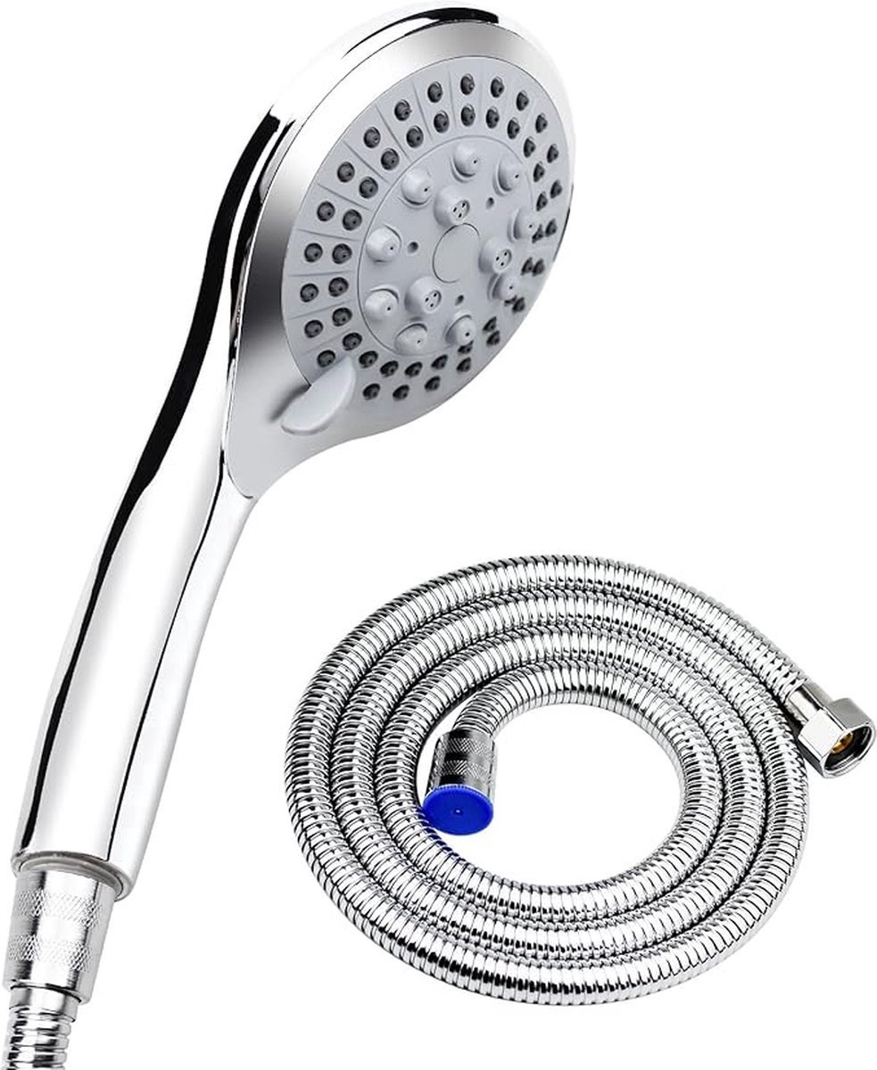 Water-Saving Shower Head - 5 Spray Settings - High Pressure - Hand Shower - Shower Set - With 1.5m Explosion-Proof Hose - Chrome - High Quality - Durable - Rain Shower - Silver - For Better Skin and Hair - Image 1