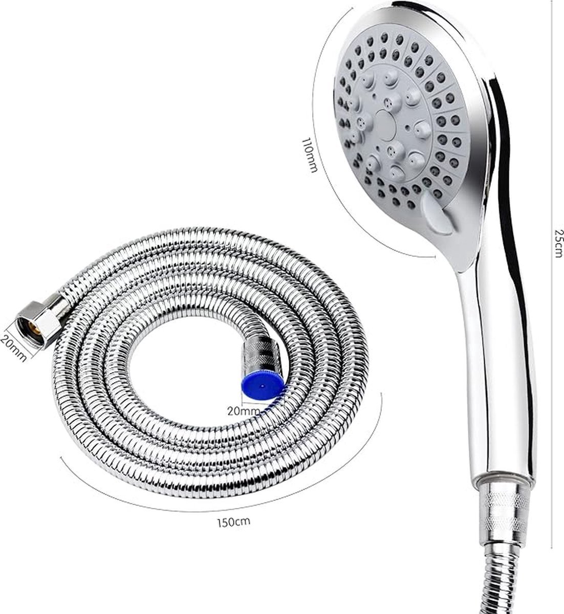 Water-Saving Shower Head - 5 Spray Settings - High Pressure - Hand Shower - Shower Set - With 1.5m Explosion-Proof Hose - Chrome - High Quality - Durable - Rain Shower - Silver - For Better Skin and Hair - Image 2