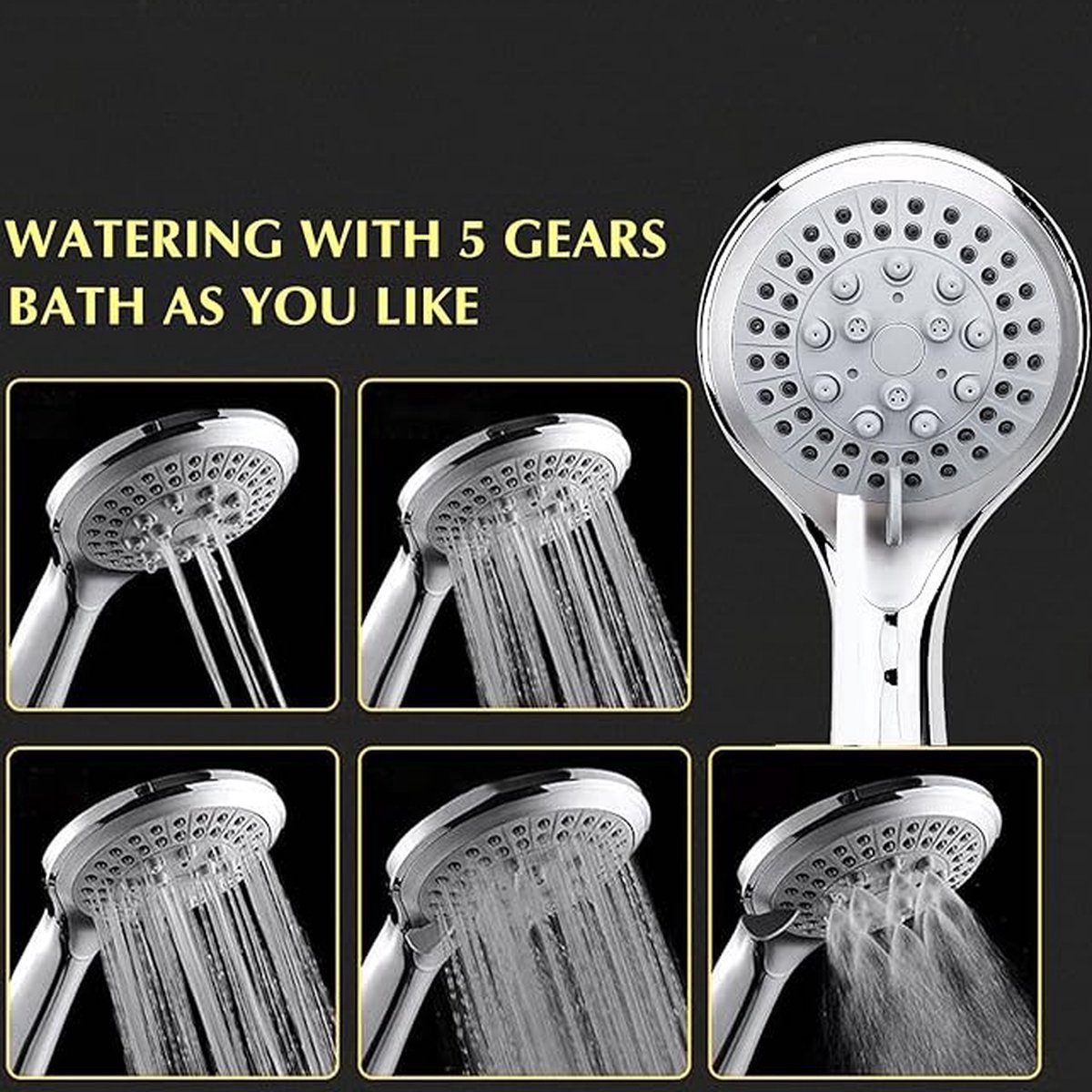 Water-Saving Shower Head - 5 Spray Settings - High Pressure - Hand Shower - Shower Set - With 1.5m Explosion-Proof Hose - Chrome - High Quality - Durable - Rain Shower - Silver - For Better Skin and Hair - Image 5