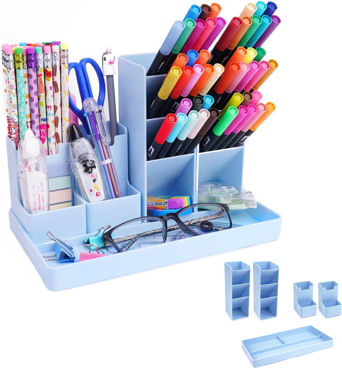 Pen Tray - 13 Compartments - Pen Holder - Desk Organizer - Pen Trays - Desk Organizer - Pen Case - Plastic - Removable - Storage System - Letter Tray - Desk Accessories - Blue - Image 1