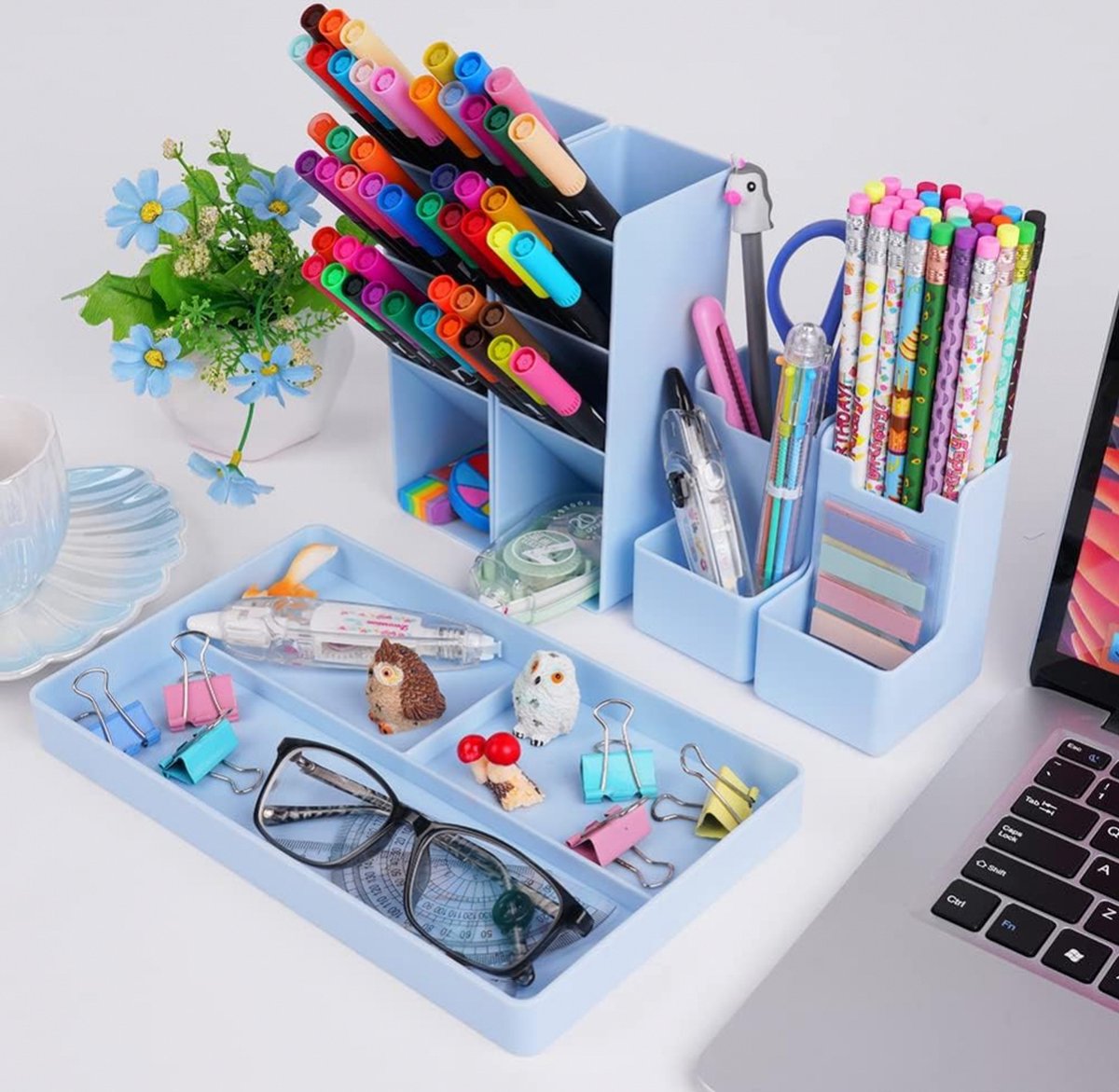 Pen Tray - 13 Compartments - Pen Holder - Desk Organizer - Pen Trays - Desk Organizer - Pen Case - Plastic - Removable - Storage System - Letter Tray - Desk Accessories - Blue - Image 2