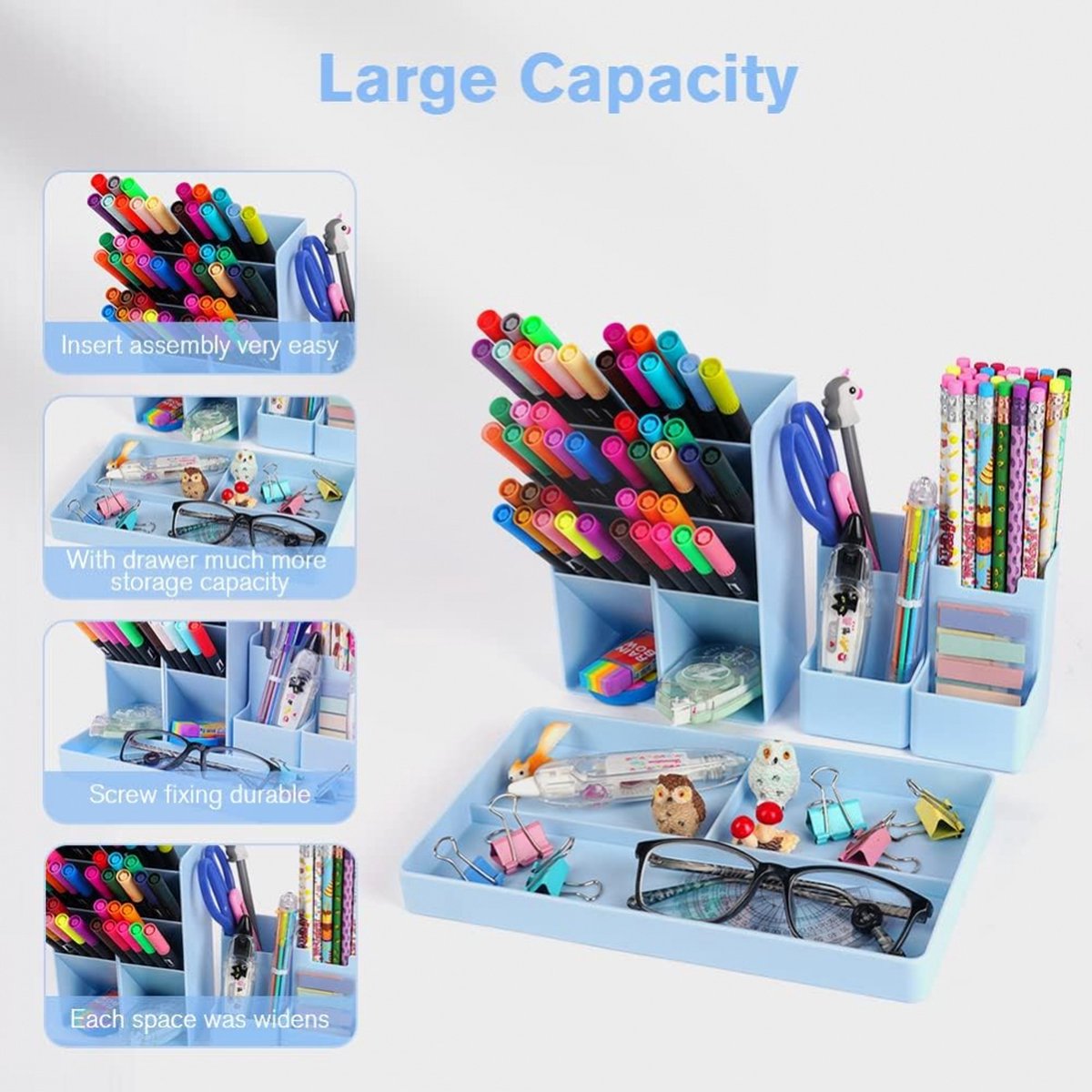 Pen Tray - 13 Compartments - Pen Holder - Desk Organizer - Pen Trays - Desk Organizer - Pen Case - Plastic - Removable - Storage System - Letter Tray - Desk Accessories - Blue - Image 3