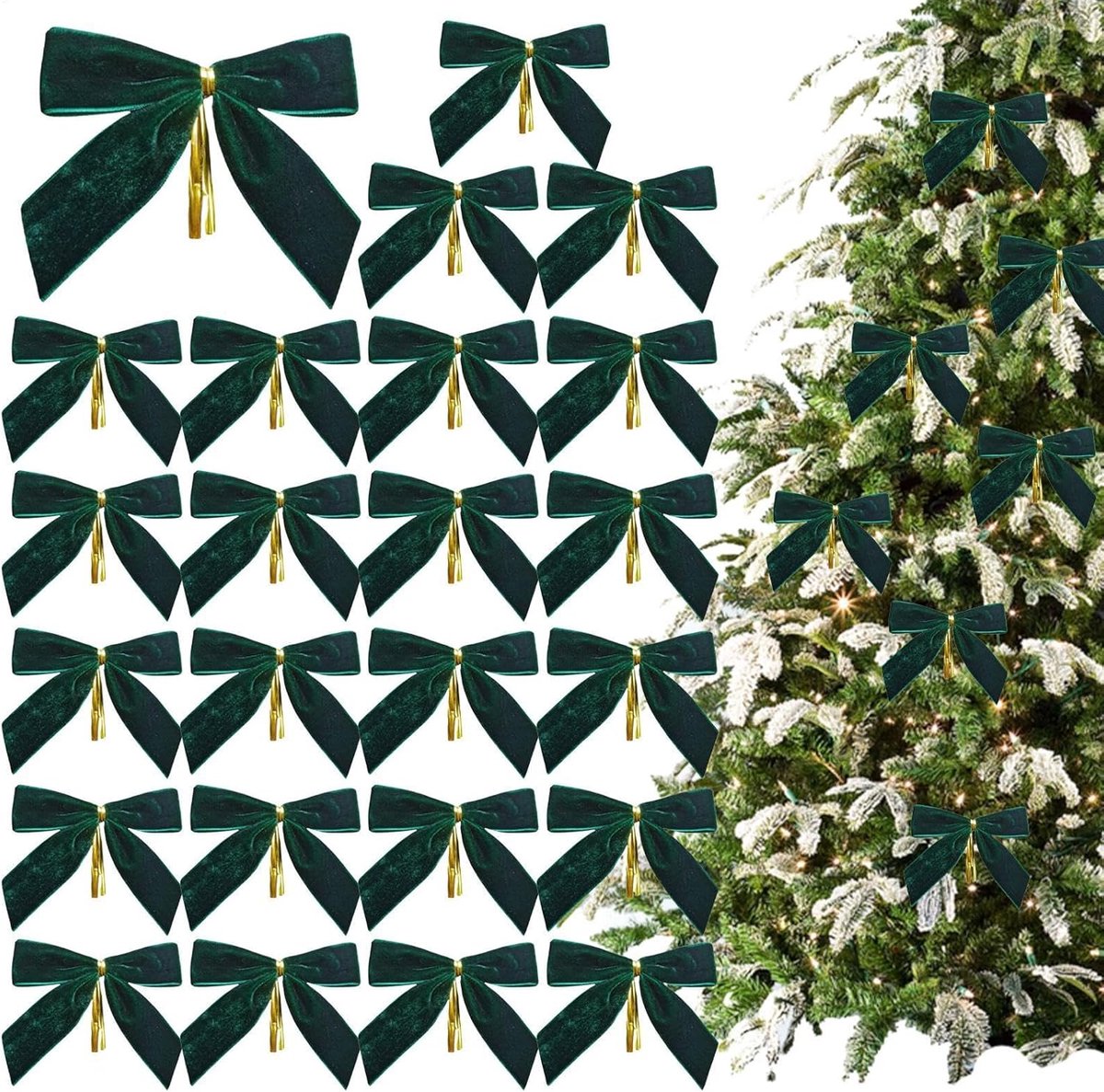 24 Piece Velvet Christmas Bows - Glitter - Christmas Decoration Bows - Christmas Ornaments - Christmas Tree Decoration - Christmas Bows - Christmas Atmosphere - Christmas - 3.5 x 3.5 inches - For Christmas Party, Christmas Tree, Indoors, Crafts - Green - Image 1