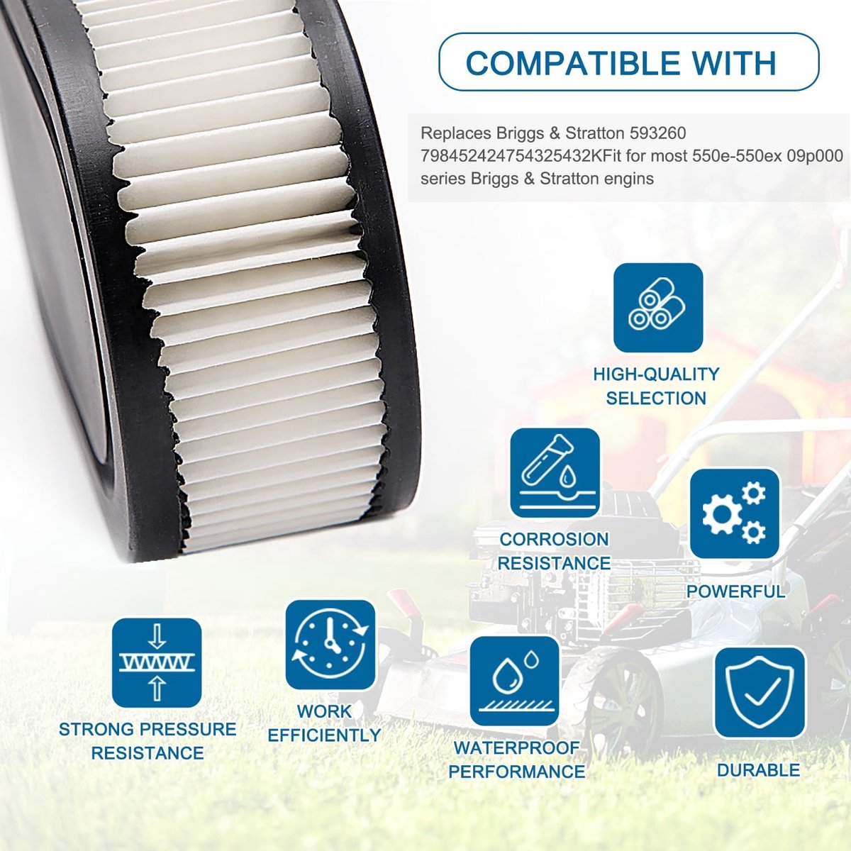 Lawn Mower Air Filter And 1x Spark Plug - Air Filter for Lawn Mowers - Air Filter Cleaner Cartridge - Air Filter Cartridge Replacement for 593260 Walk-Behind Mower, Compatible with Briggs & Stratton Engines 798452 - 593260/798452 - Image 3