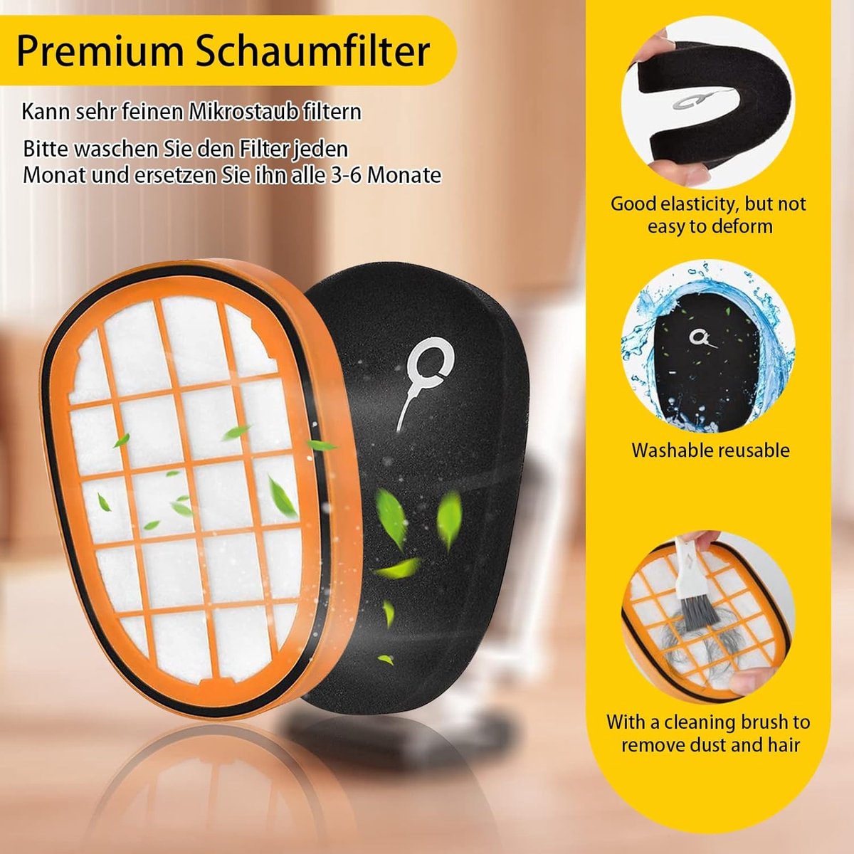 SOLLBRY® - 4 x Filter Suitable For Philips Speedpro Max Aqua 7000 And 8000 Series - FC5005/01, CP1100/01, CP0663/01 Replacement Foam Rubber - Stick Vacuum - Suitable for Philips Speedpro Max Foam Filter - With Cleaning Brush - Image 4