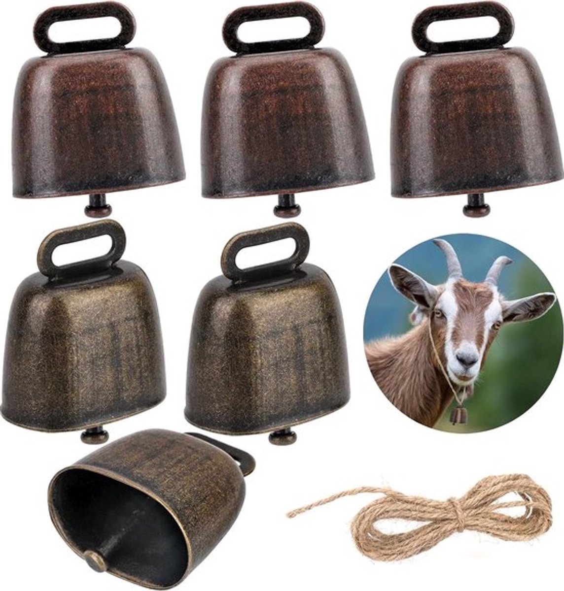 Cowbell 6 Pieces - Christmas Bells - Bell - Grazing Cowbell - Metal Cow Bell Small Bells - Goat Bell - Horse - Doorbell - Dog Bell - Christmas Decoration - Brass Ship's Bell - Animal Bells - Table Bell/Hand Bells - Decorative Bells - Farm - Animal Gift - Image 1