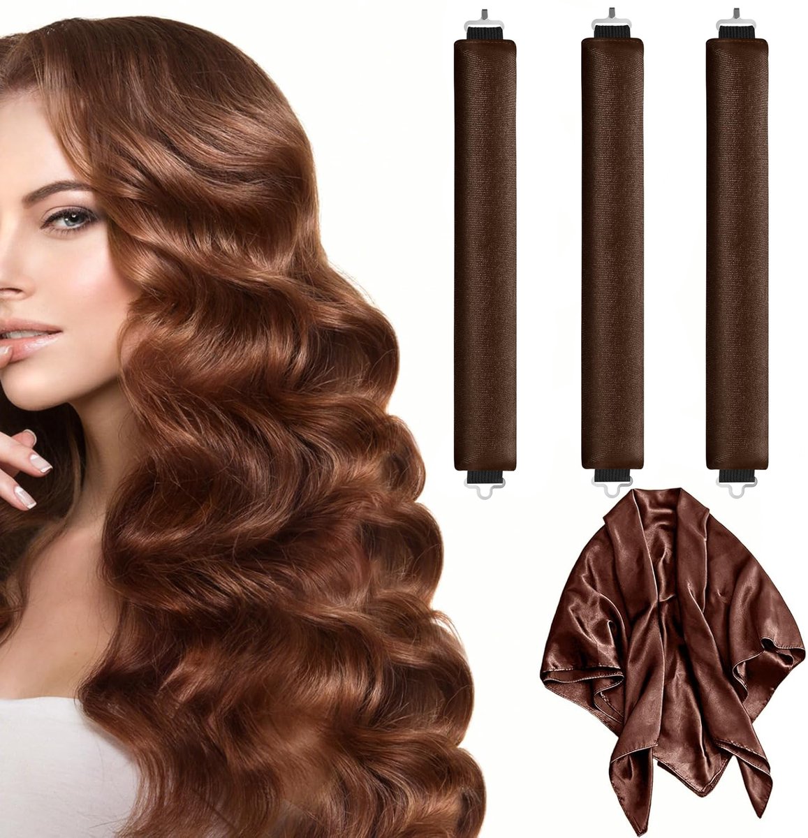 Heatless Curls - 3 Pieces - Satin - For Voluminous Curls - Curlers - Hair Rollers - Heatless Blowout Set - Heatless Curls Tool - Curls Without Heat - Curly Hair Products - Alternative to Curling Iron - Brown - All Hair Types - With Hair Scarf - Image 1