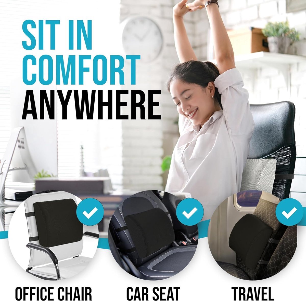 Ergonomic Lower Back Cushion - Memory Foam - Back Support - Lumbar Support - Relieve Fatigue - For Car, Office Chair, Sofa and Bed - Car Cushion - Working from Home - Black - Back Pain & Sitting Comfort - Image 5