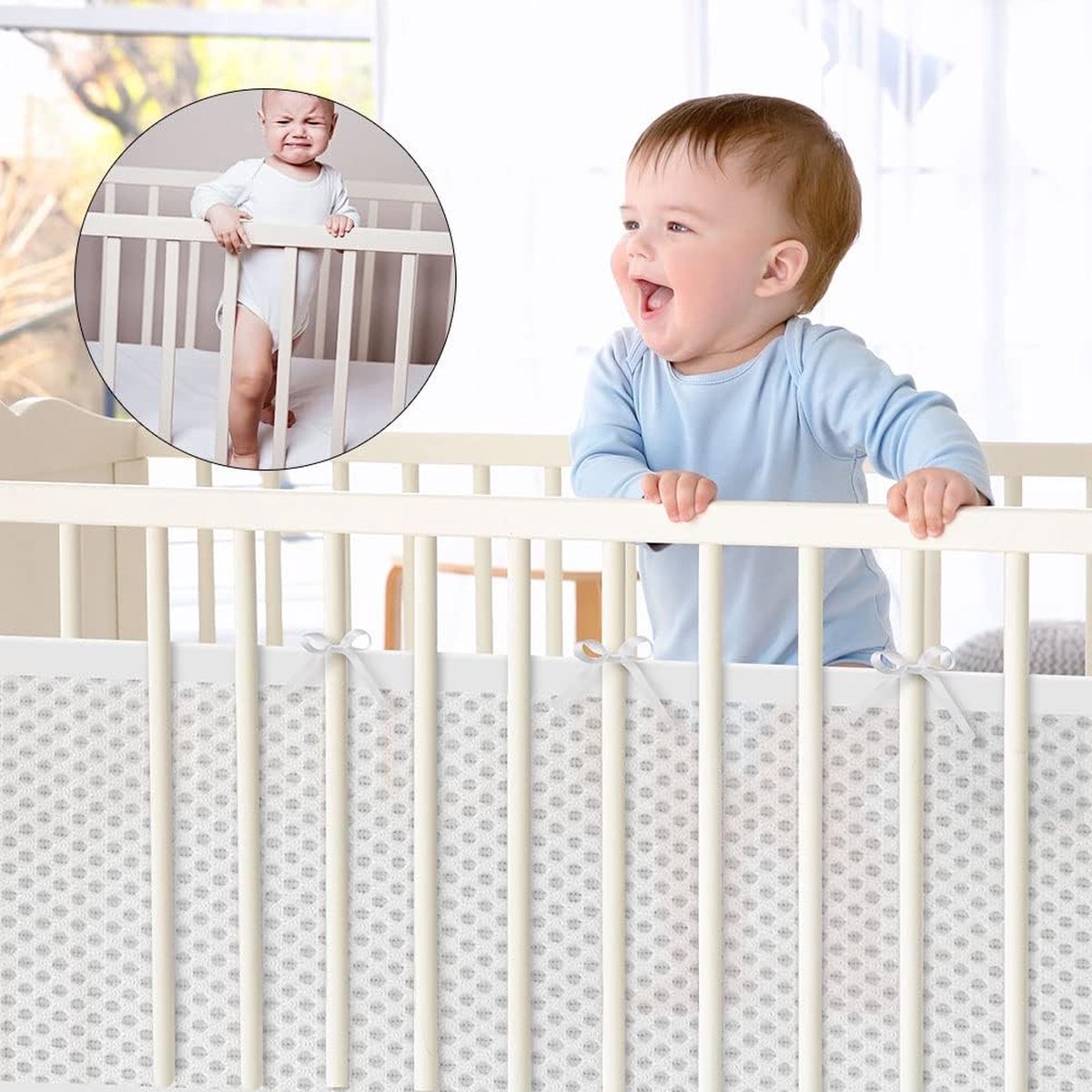 Baby Crib Bumper Set - Set of 2 - Bed Bumper - Bed Side Protectors - Anti-Bump Edge - Breathable Mesh - Baby Safety - Head Protector - Crib Bumper - 320x27cm & 150x27cm - White - Image 2