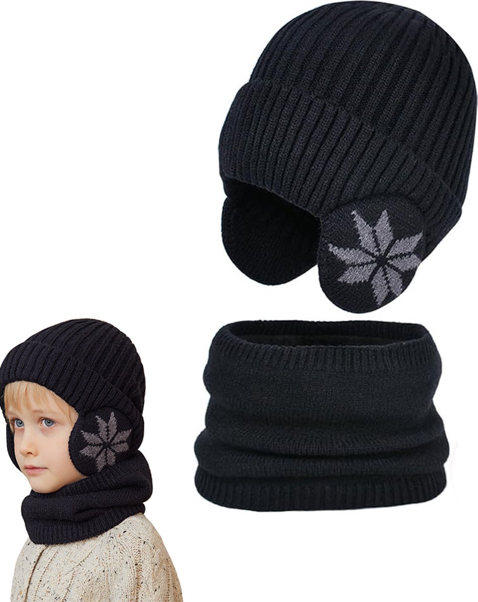 Hat & Scarf - Winter Kids' Hats - Kids' Hat - 2 In 1 Kids' Hat Scarf Set - 4 To 10 Years - Beanie - Boys And Girls - Hat For Children - Kids' Outdoor Hats - Children's Clothing - Scarf - Winter - One Size - Black - Image 1