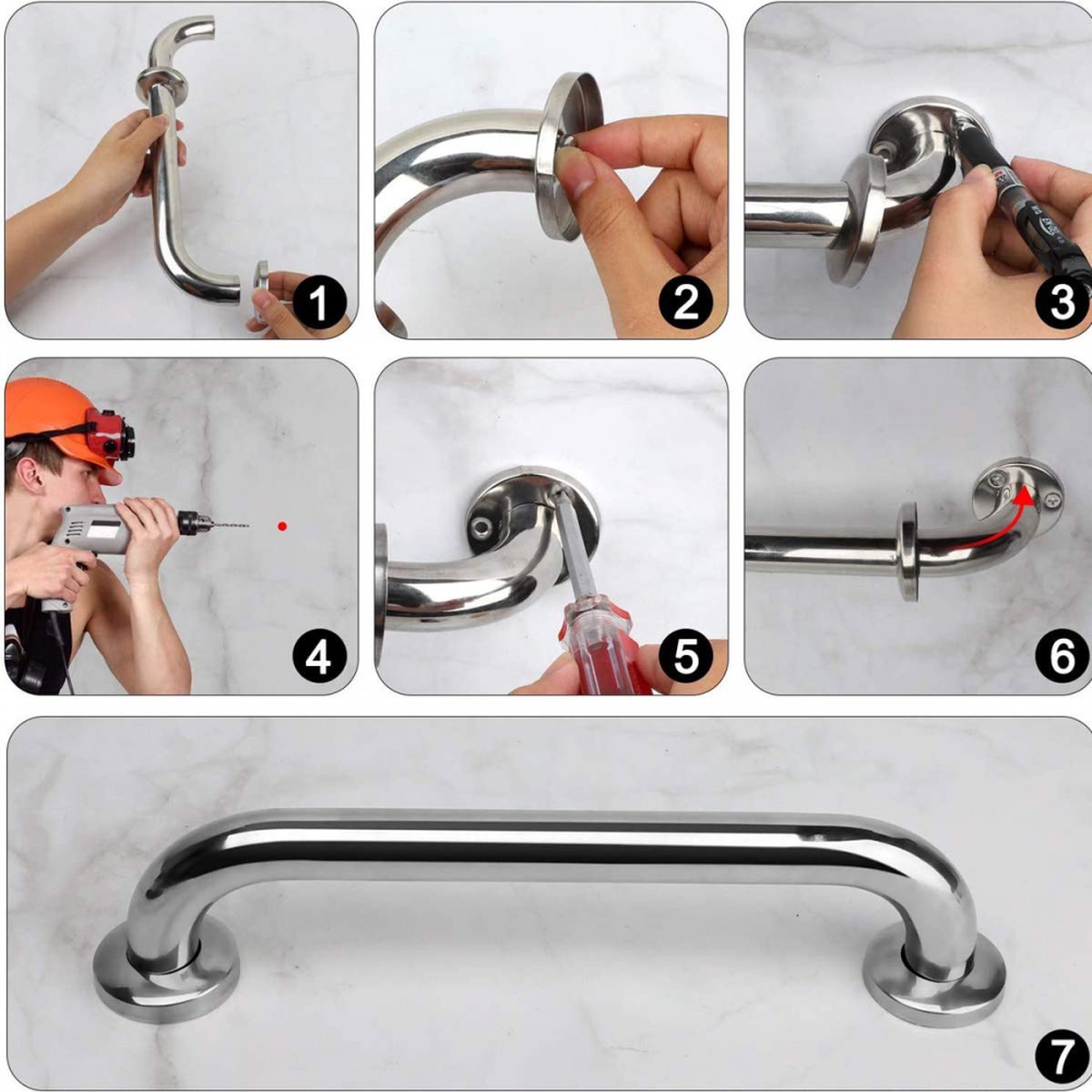 Wall Grab Bar - Extra Grip - 2 Pieces - 30 Cm - Stainless Steel - Handle / Wall Grab Bar for Bathroom / Shower / Toilet - Toilet Grab Bar - Bath Grab Bar - Shower Grab Bar - Non-Slip Grab Bar - Bathroom Handle - Safety Grip - High Load Capacity - Screws I - Image 2