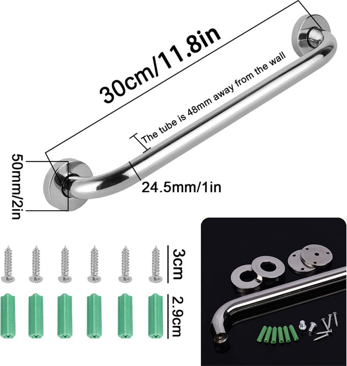 Wall Grab Bar - Extra Grip - 2 Pieces - 30 Cm - Stainless Steel - Handle / Wall Grab Bar for Bathroom / Shower / Toilet - Toilet Grab Bar - Bath Grab Bar - Shower Grab Bar - Non-Slip Grab Bar - Bathroom Handle - Safety Grip - High Load Capacity - Screws I - Image 5