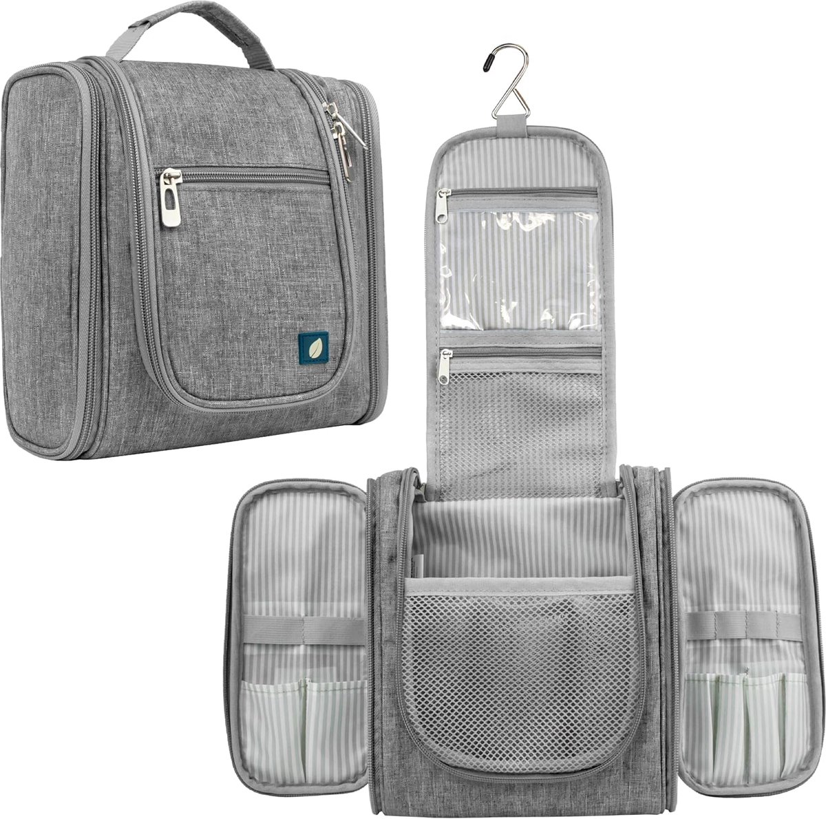 Toiletry Bag with Hook - For Women and Men - Hanging Toilet Travel Bag with Hook - Hanging - Travel & Camping Suitcase Accessories - Toiletry Bag for Women & Men - Makeup Bag with Mesh, Waterproof Pockets - Grey - Image 1
