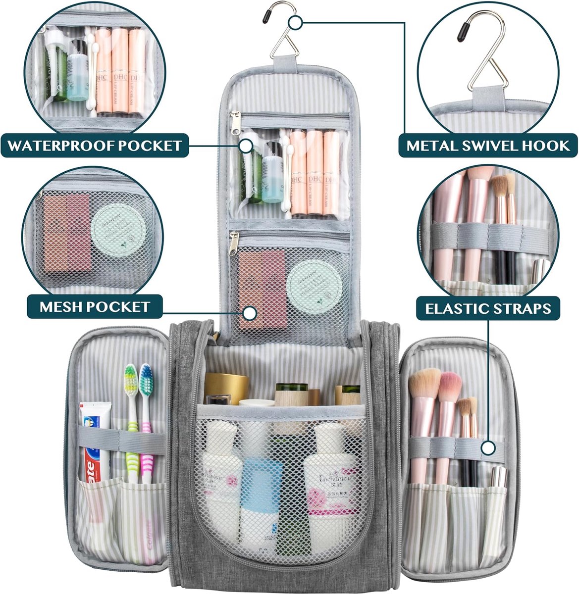 Toiletry Bag with Hook - For Women and Men - Hanging Toilet Travel Bag with Hook - Hanging - Travel & Camping Suitcase Accessories - Toiletry Bag for Women & Men - Makeup Bag with Mesh, Waterproof Pockets - Grey - Image 3