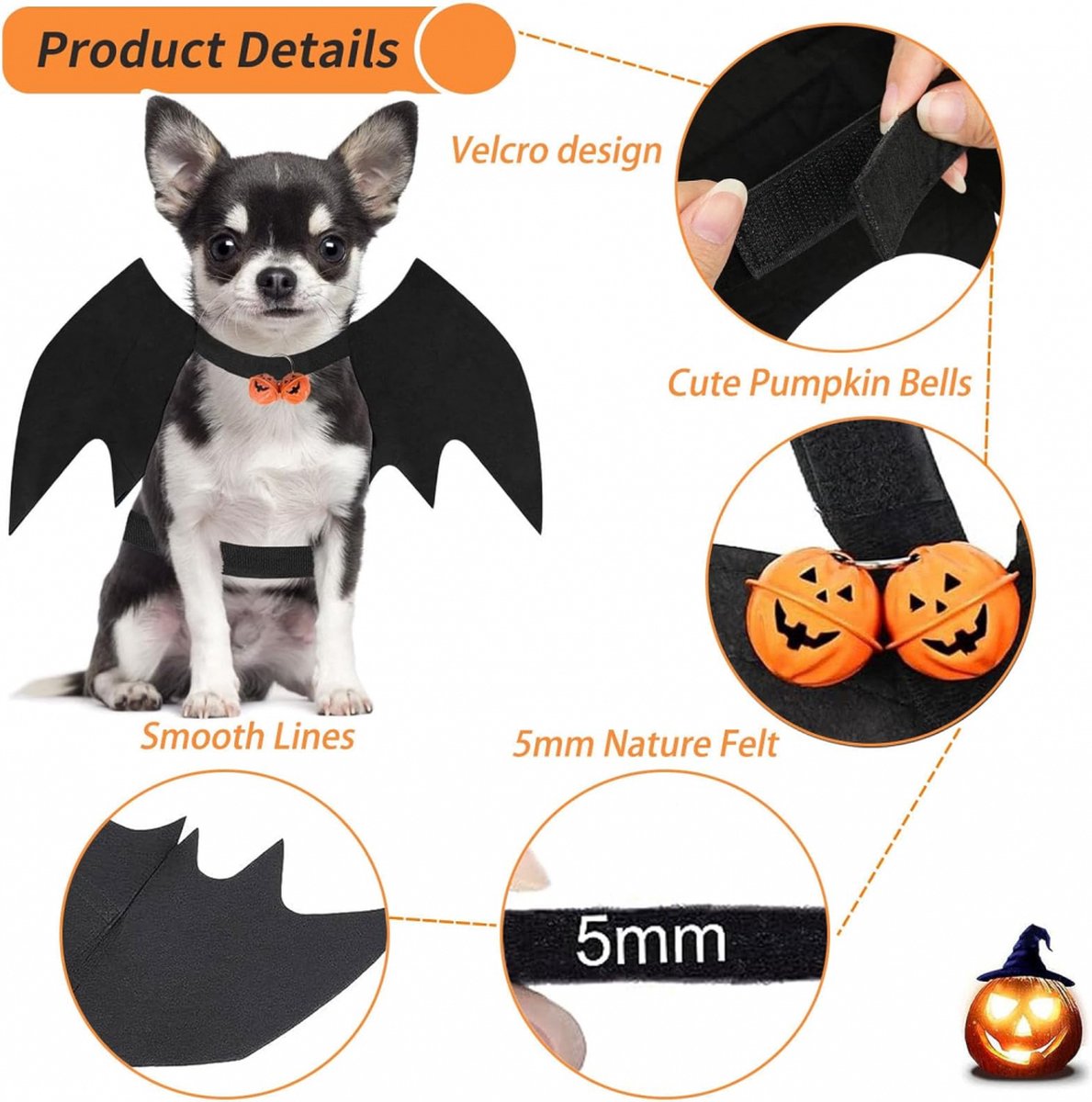 Dog Costume - Dog Halloween Costume With Pumpkin Bell - Clothing For Dogs - Cat Clothing - Funny Dog Suit - Halloween Bat Wings - Halloween Rug For Dog Or Cat - Size M - Animal Clothing - Halloween - Image 3