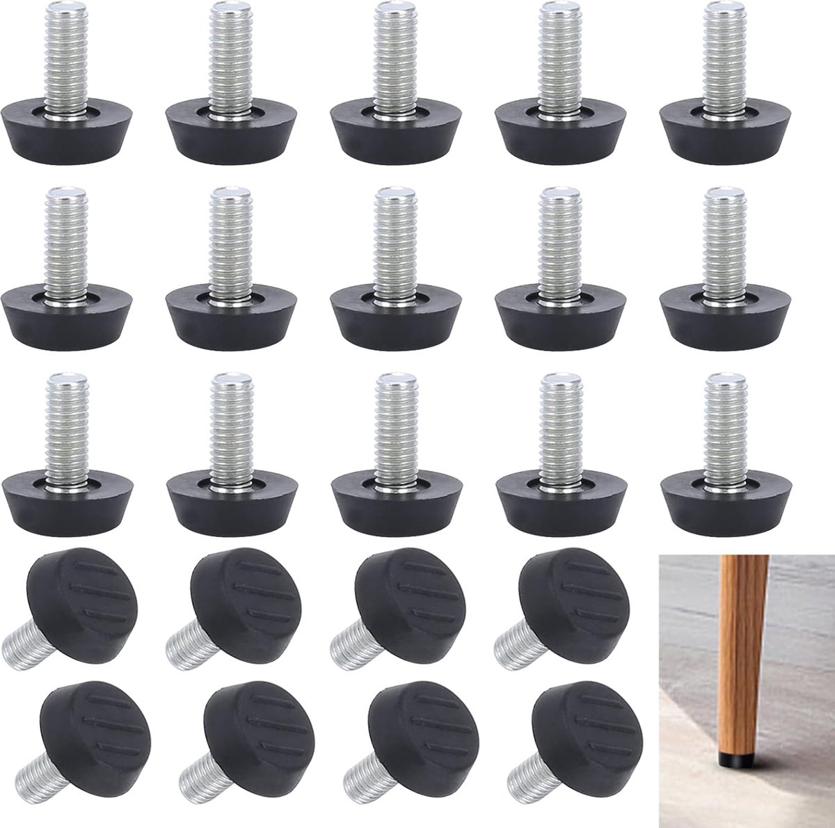 Adjustable Foot - 20 Pieces - Adjustable Feet with Felt Pads - Adjustable Foot M6 - 20mm Dia - Metal Adjustable Foot - 2.6 cm High - Furniture Coaster - Black / Silver - Plastic - Stainless Steel - Adjustable Feet - Felt Pads - Floor Protectors - Floor Gl - Image 1