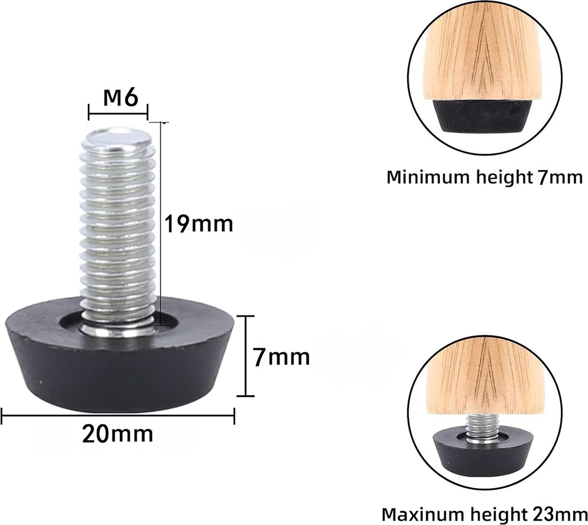 Adjustable Foot - 20 Pieces - Adjustable Feet with Felt Pads - Adjustable Foot M6 - 20mm Dia - Metal Adjustable Foot - 2.6 cm High - Furniture Coaster - Black / Silver - Plastic - Stainless Steel - Adjustable Feet - Felt Pads - Floor Protectors - Floor Gl - Image 5