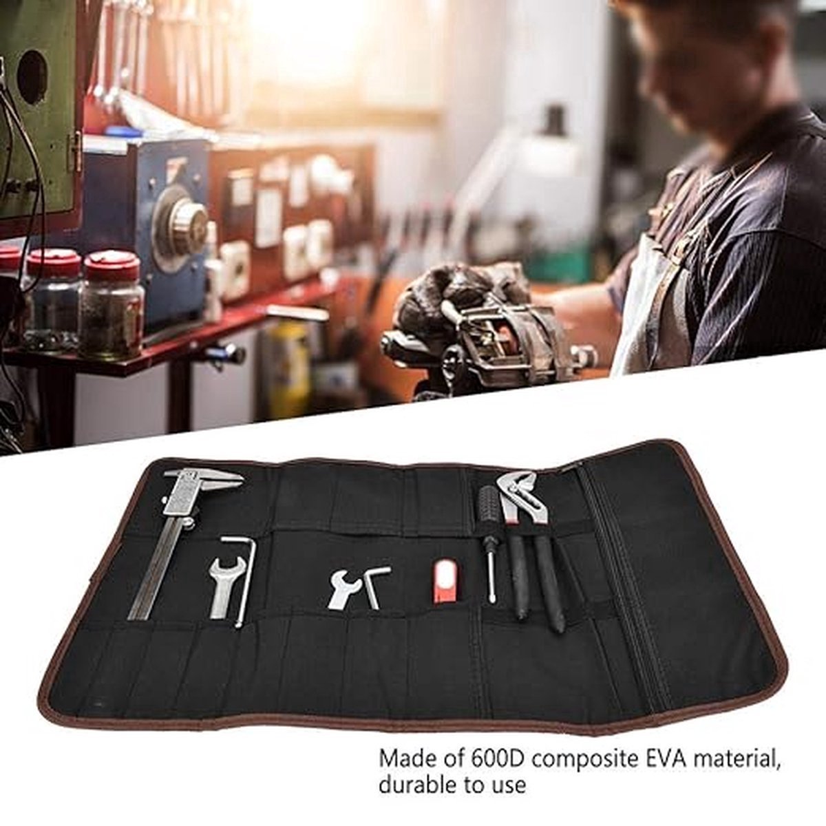 Roll-Up Case - Tool Bag - 600d Oxford Cloth - With Handle - Water-Resistant - Portable - Inner Pocket with Zipper - Easy Roll Bag - Multiple Compartments - 58 x 35 cm - Tool Pouch - Tool Roll - Black - Wear-Resistant & Durable (Without Tools) - Image 3