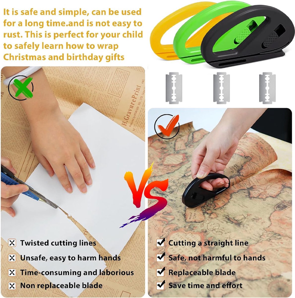 Wrapping Paper Cutter - 3 Pieces - Wrapping Paper Cutter - Wrapping Paper Roll Cutter Aid - Simple, Fast, and Safe - Ultra Sharp Blade - Paper Roll Cutter - Gift Cutter - Home Office Roll Cutter - Scissors - Gift - Durable - With Replacement Blade - Image 3